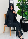 کت و شلوار مجلسی مروارید زنانه مدل گیپور دار جنس مازراتی رنگ سیاه